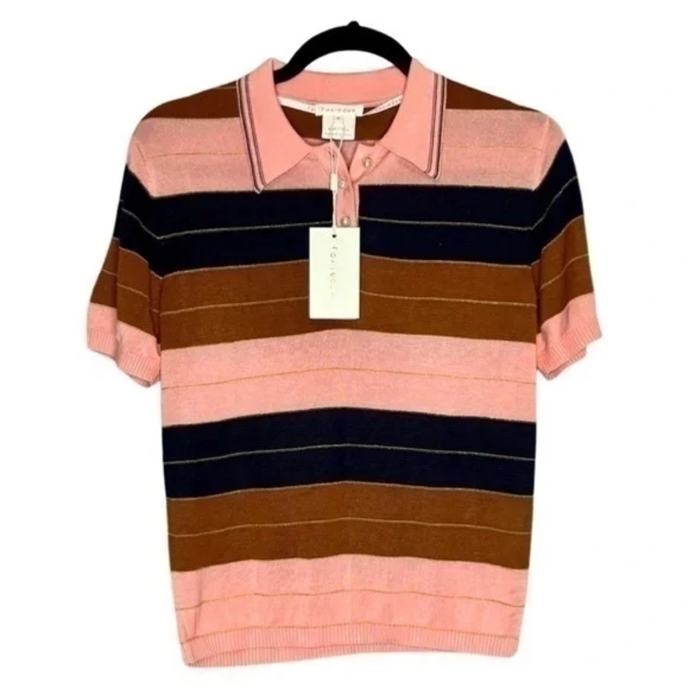 Foxiedox Anthro Striped Knit Polo Shirt MetallicThread Pearl Buttons Small